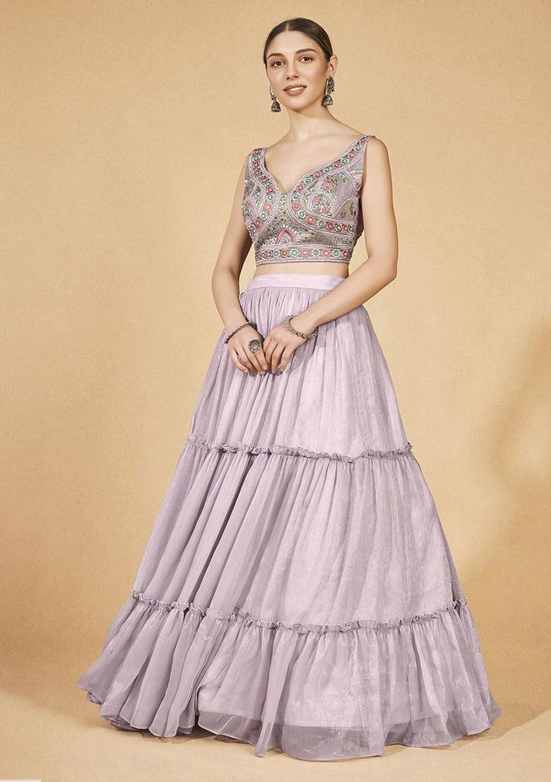 Purple Embroidered Poly Blend Lehenga Set