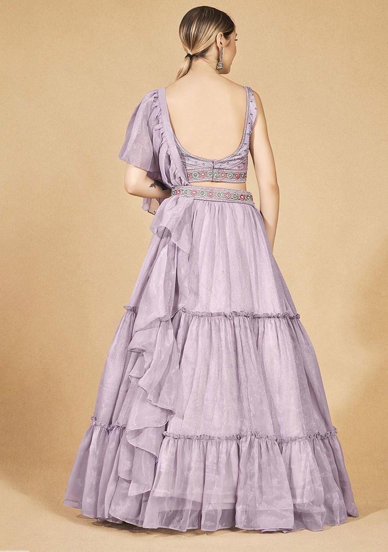 Purple Embroidered Poly Blend Lehenga Set