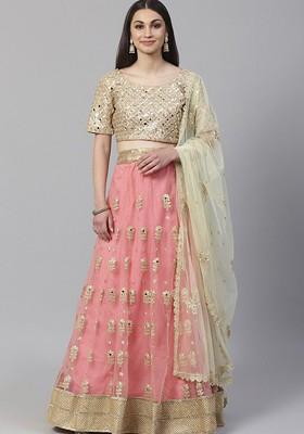 Pink Embellished Poly Blend Lehenga Set