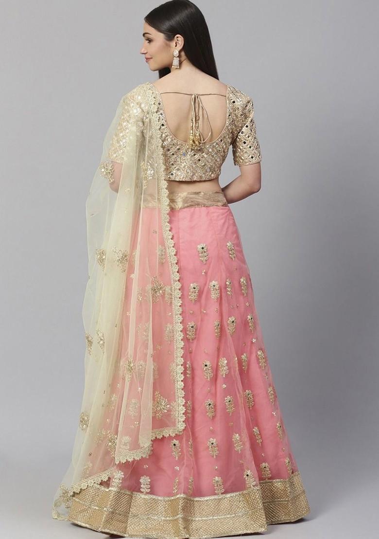 Pink Embellished Poly Blend Lehenga Set