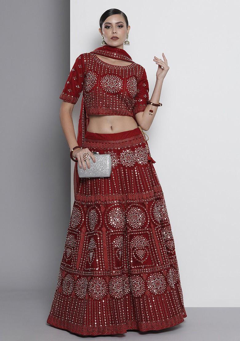 Maroon Mirror Work Poly Blend Lehenga Set