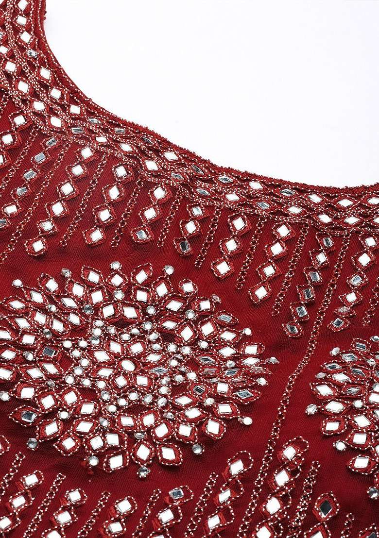 Maroon Mirror Work Poly Blend Lehenga Set - Indya