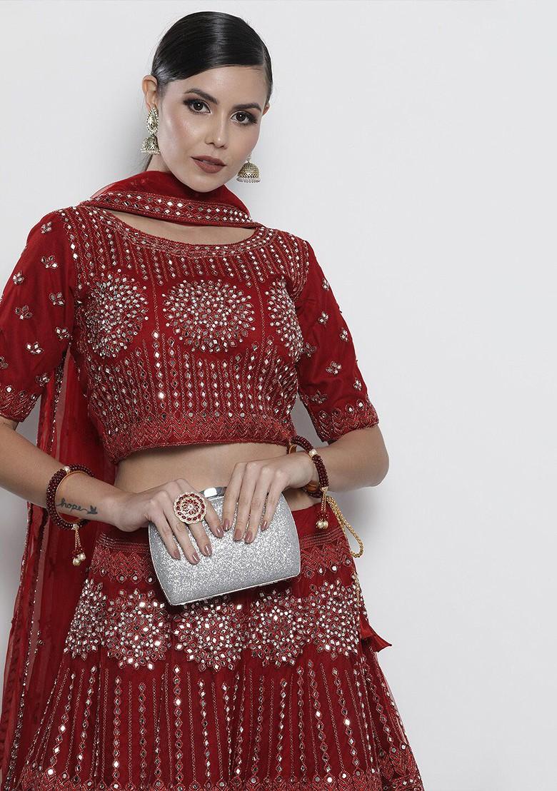 Maroon Mirror Work Poly Blend Lehenga Set