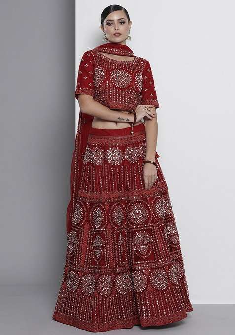 Maroon Mirror Work Poly Blend Lehenga Set