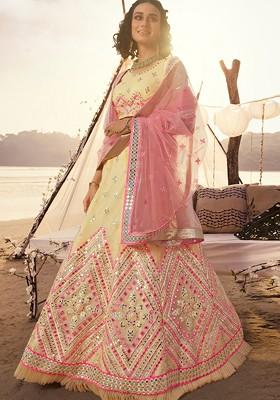 White Mirror Work Poly Blend Lehenga Set