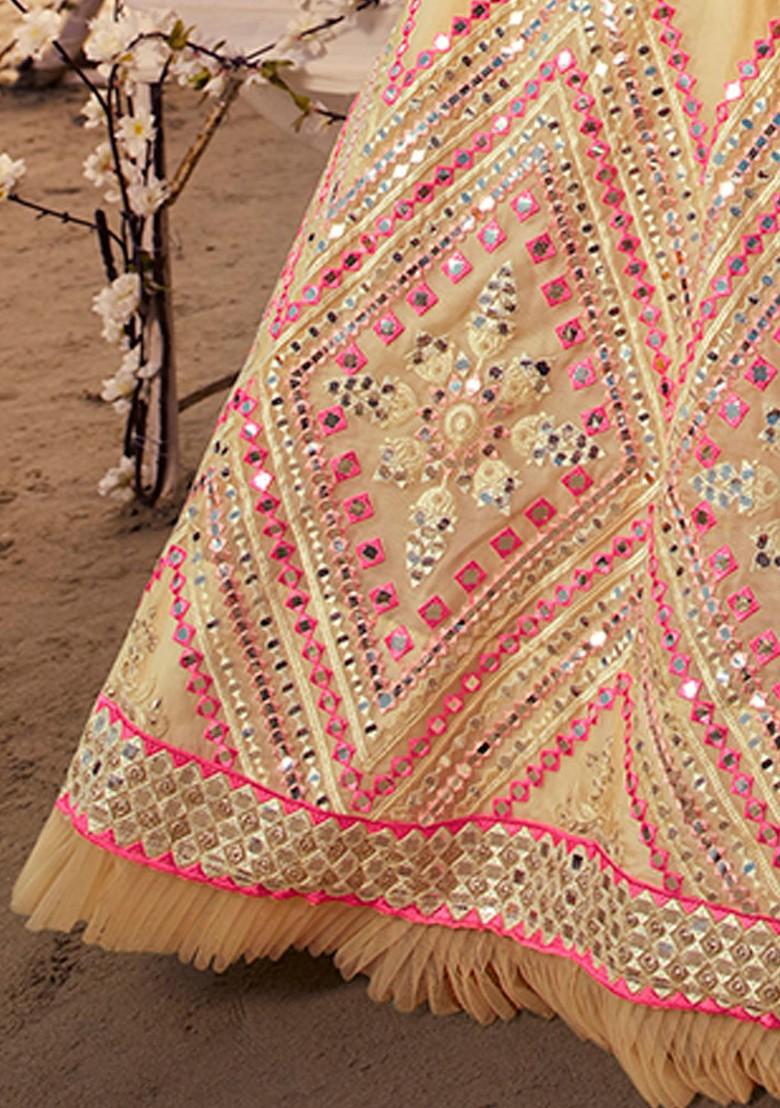 White Mirror Work Poly Blend Lehenga Set