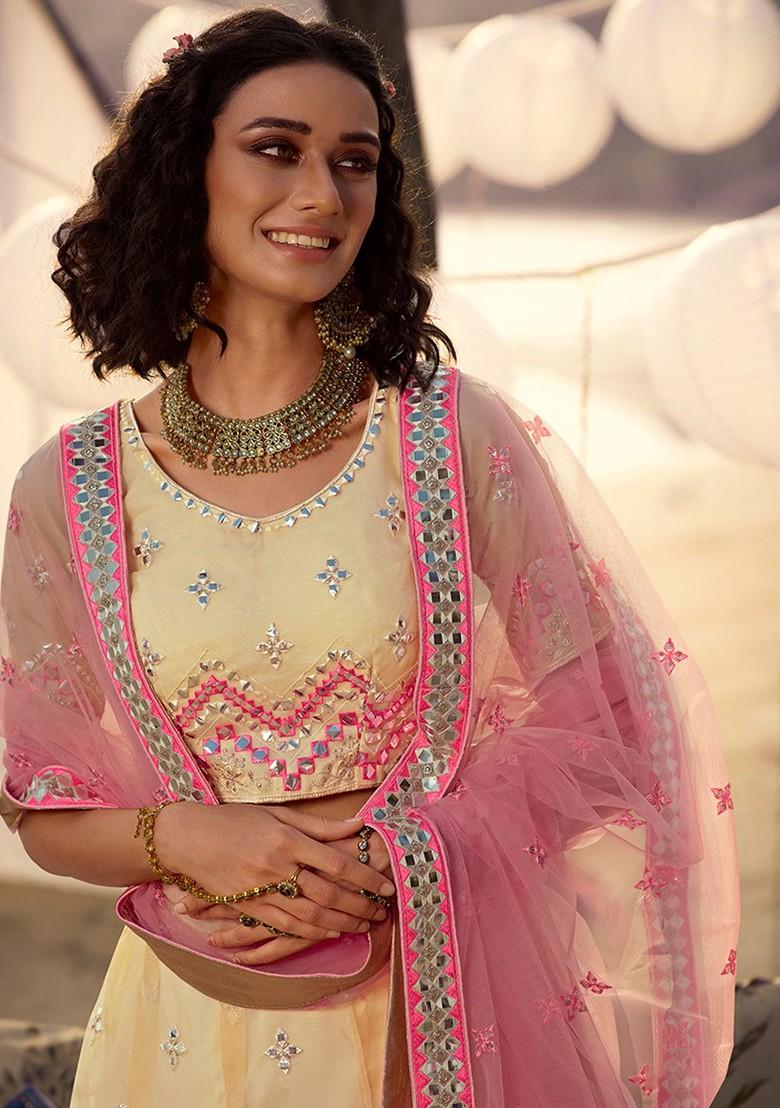 White Mirror Work Poly Blend Lehenga Set
