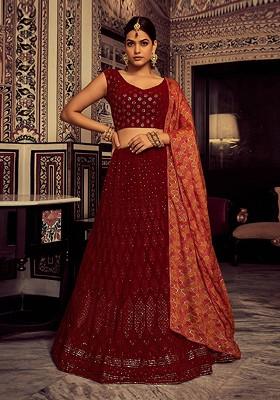 Maroon Embellished Poly Blend Lehenga Set