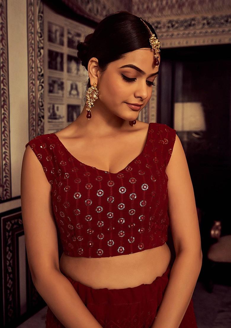 Maroon Embellished Poly Blend Lehenga Set