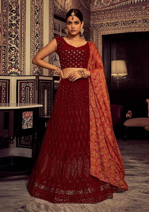 Maroon Embellished Poly Blend Lehenga Set