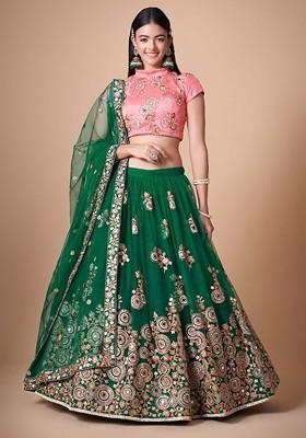 Green Embellished Poly Blend Lehenga Set