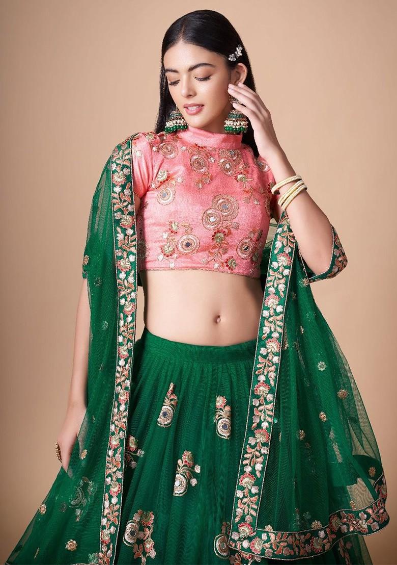 Green Embellished Poly Blend Lehenga Set