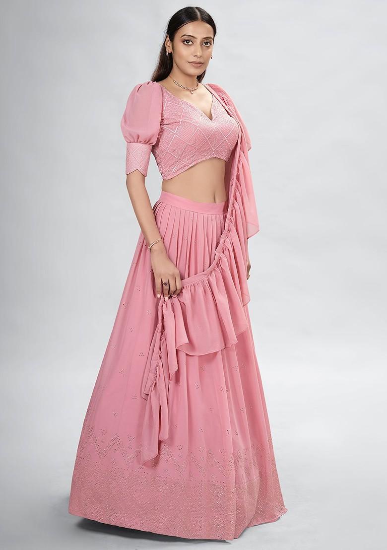 Pink Embellished Poly Blend Lehenga Set
