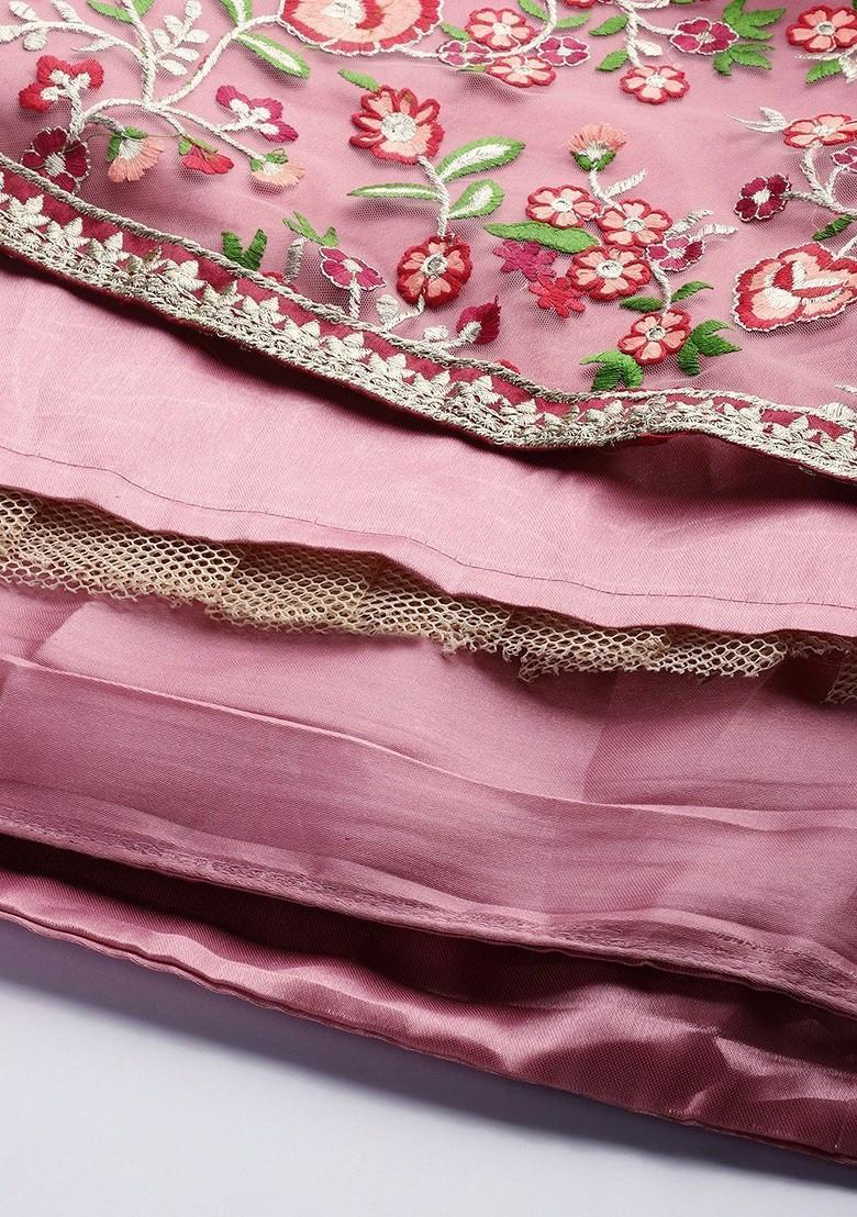 Peach Embroidered Poly Blend Lehenga Set