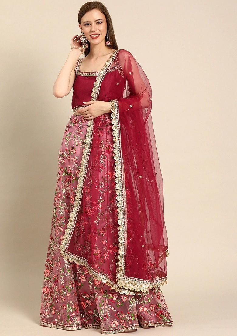 Peach Embroidered Poly Blend Lehenga Set