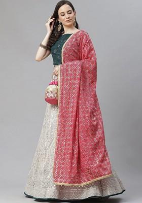 Grey Mirror Work Poly Blend Lehenga Set