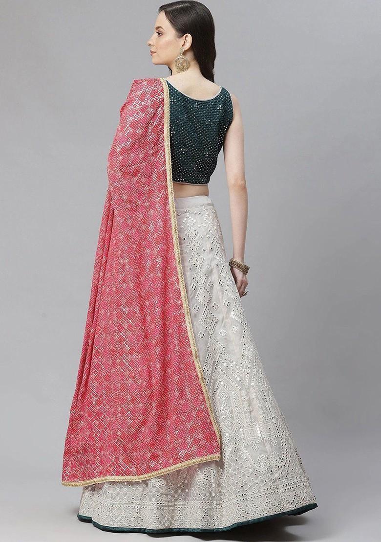 Grey Mirror Work Poly Blend Lehenga Set