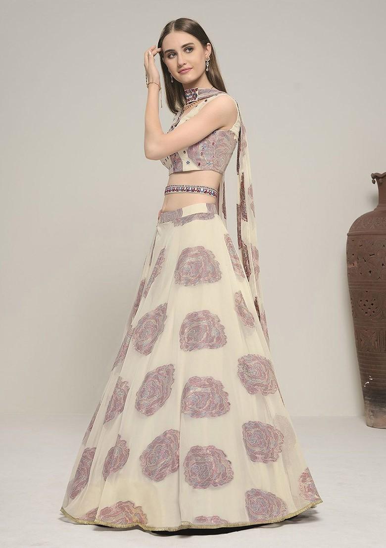 White Embroidered Poly Blend Lehenga Set