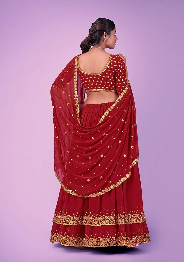 Red Embroidered Poly Blend Lehenga Set