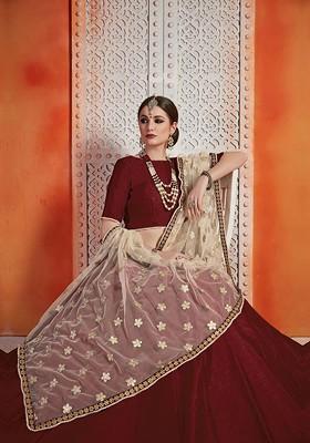 Maroon Solid Poly Blend Lehenga Set