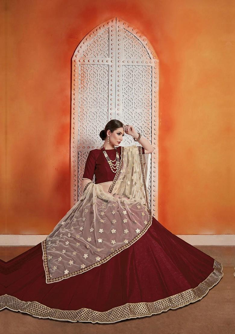 Maroon Solid Poly Blend Lehenga Set