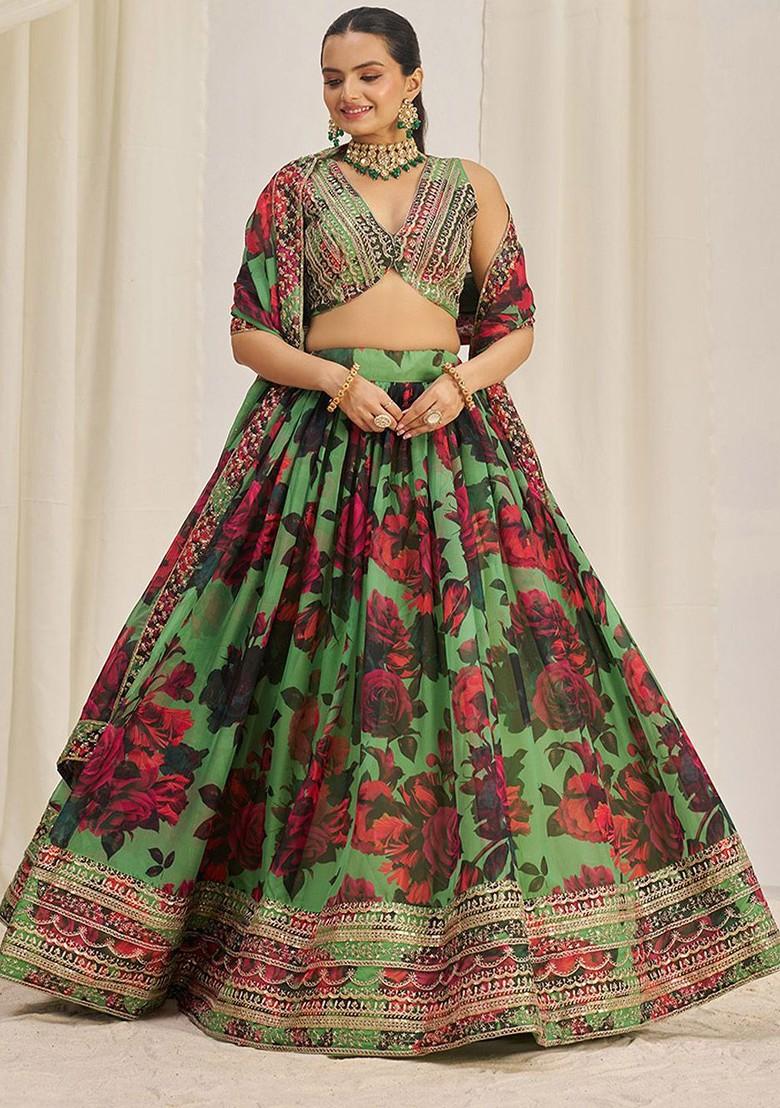 Green Embellished Poly Blend Lehenga Set