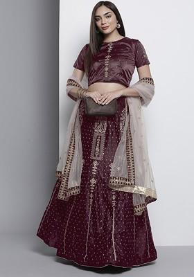 Brown Embroidered Poly Blend Lehenga Set