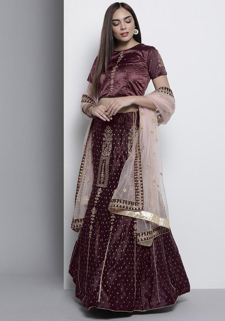 Brown Embroidered Poly Blend Lehenga Set