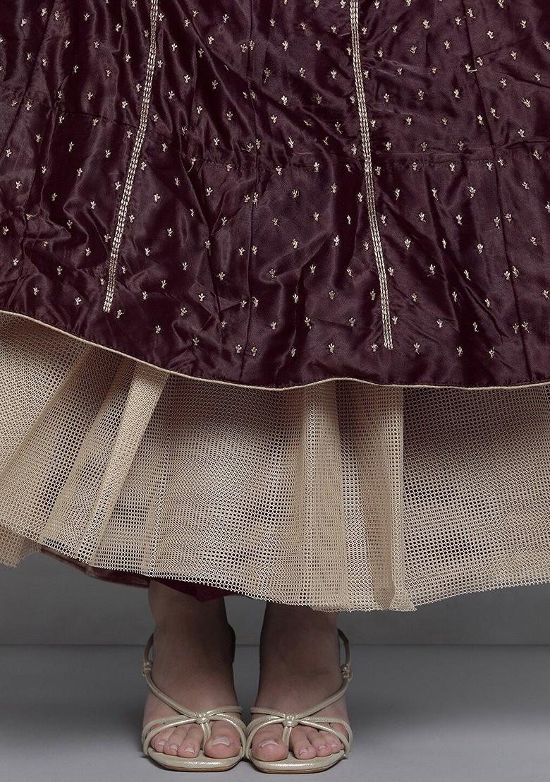 Brown Embroidered Poly Blend Lehenga Set