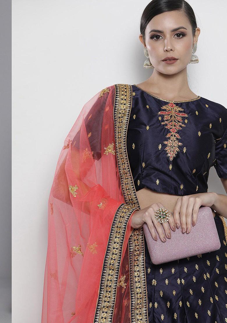 Blue Embroidered Poly Blend Lehenga Set