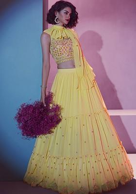 Yellow Embroidered Poly Blend Lehenga Set
