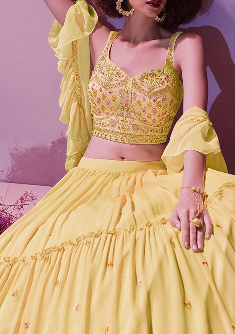 Yellow Embroidered Poly Blend Lehenga Set