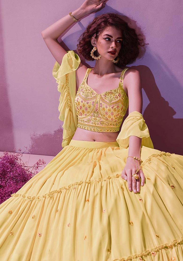Yellow Embroidered Poly Blend Lehenga Set