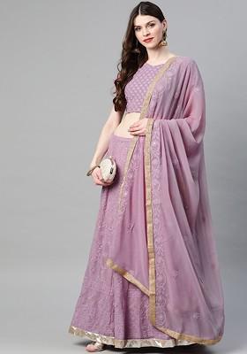 Purple Embroidered Poly Blend Lehenga Set