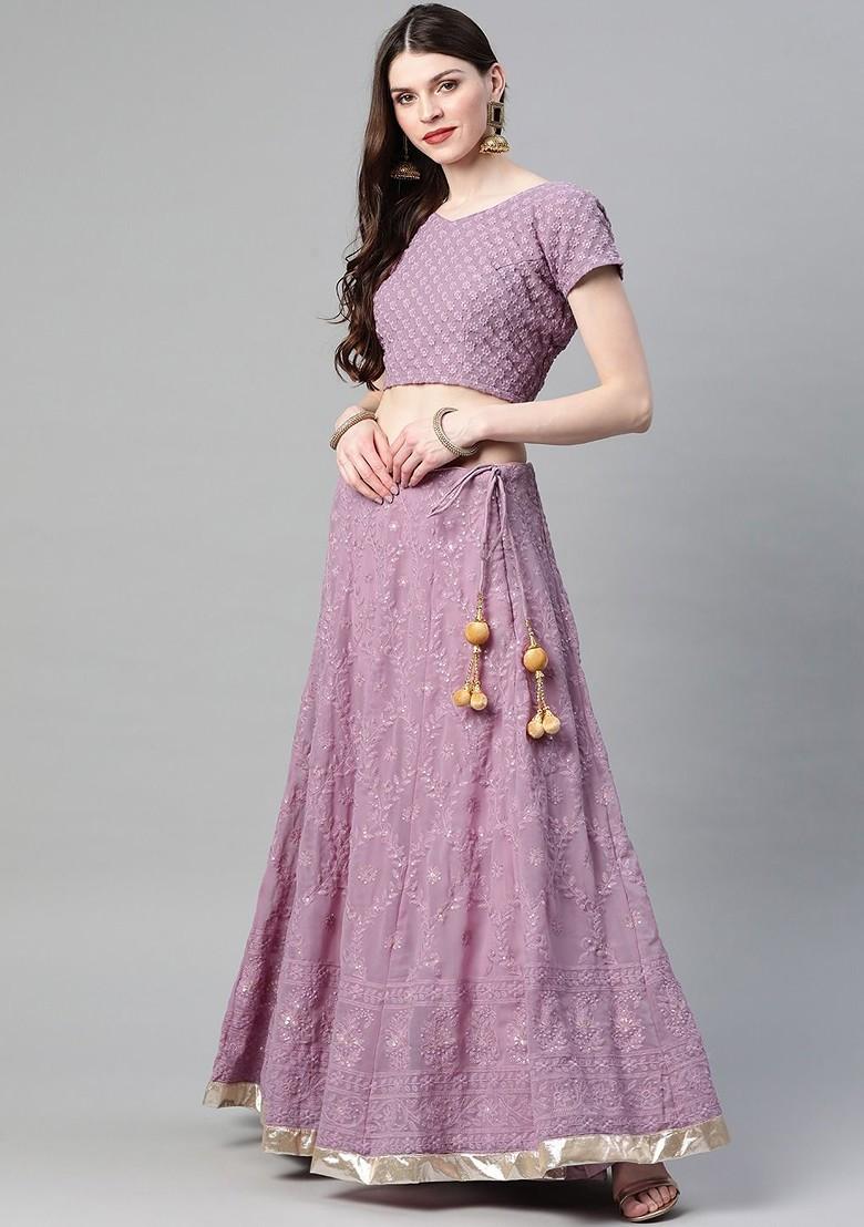 Purple Embroidered Poly Blend Lehenga Set