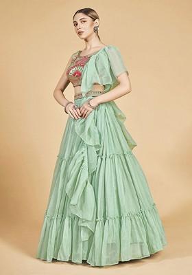 Green Mirror Work Poly Blend Lehenga Set
