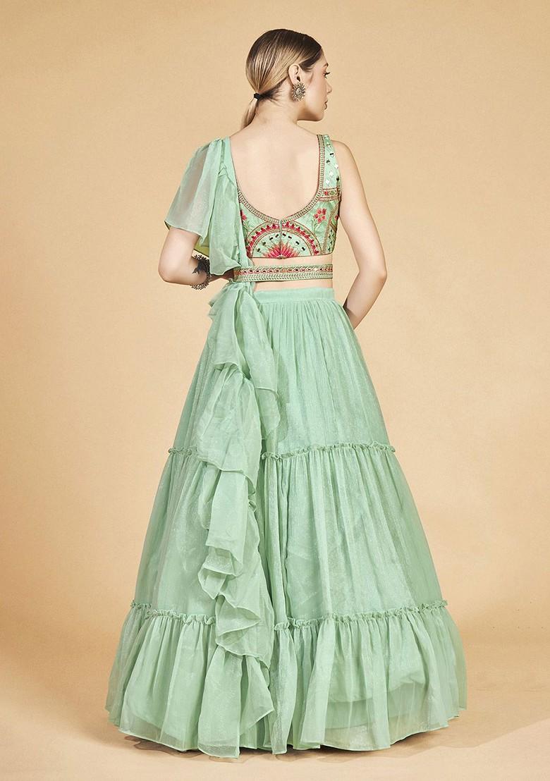 Green Mirror Work Poly Blend Lehenga Set