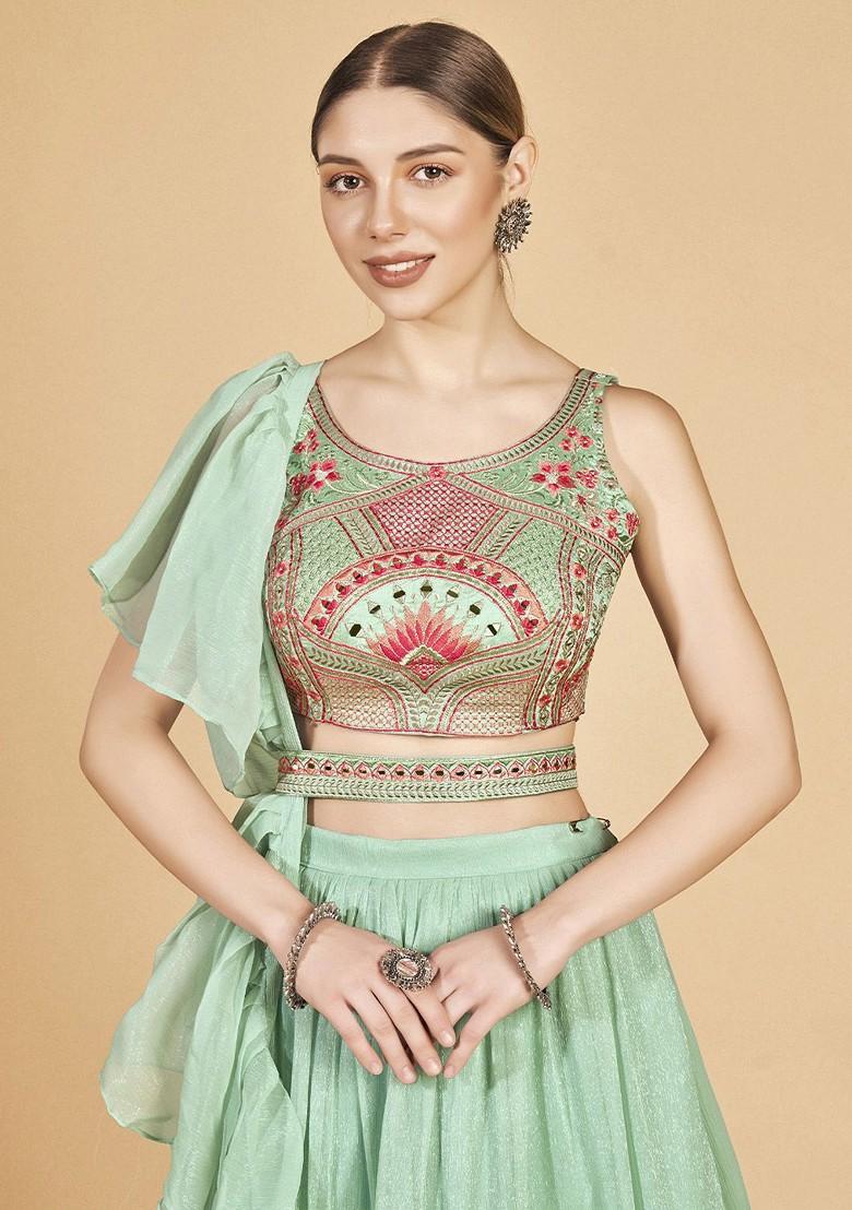 Green Mirror Work Poly Blend Lehenga Set