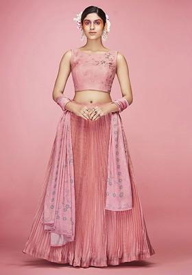 Pink Mirror Work Poly Blend Lehenga Set