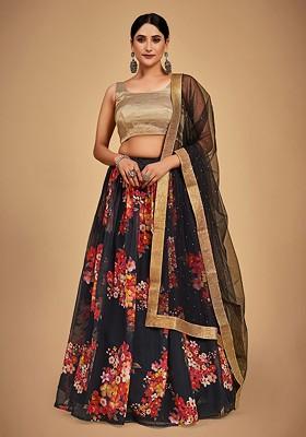 Black Printed Poly Blend Lehenga Set