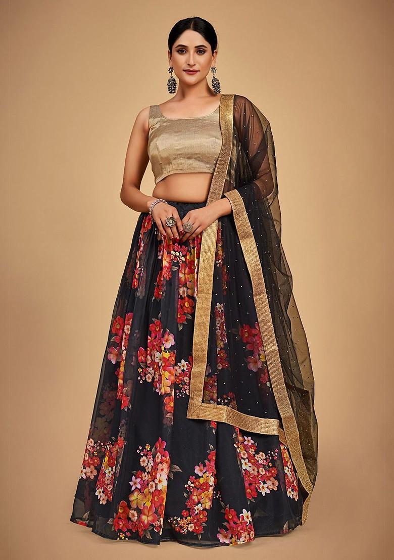 Black Printed Poly Blend Lehenga Set