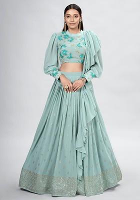 Green Embellished Poly Blend Lehenga Set