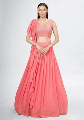 Coral Embellished Poly Blend Lehenga Set