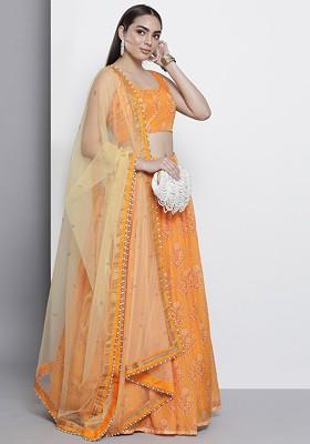Yellow Printed Poly Blend Lehenga Set