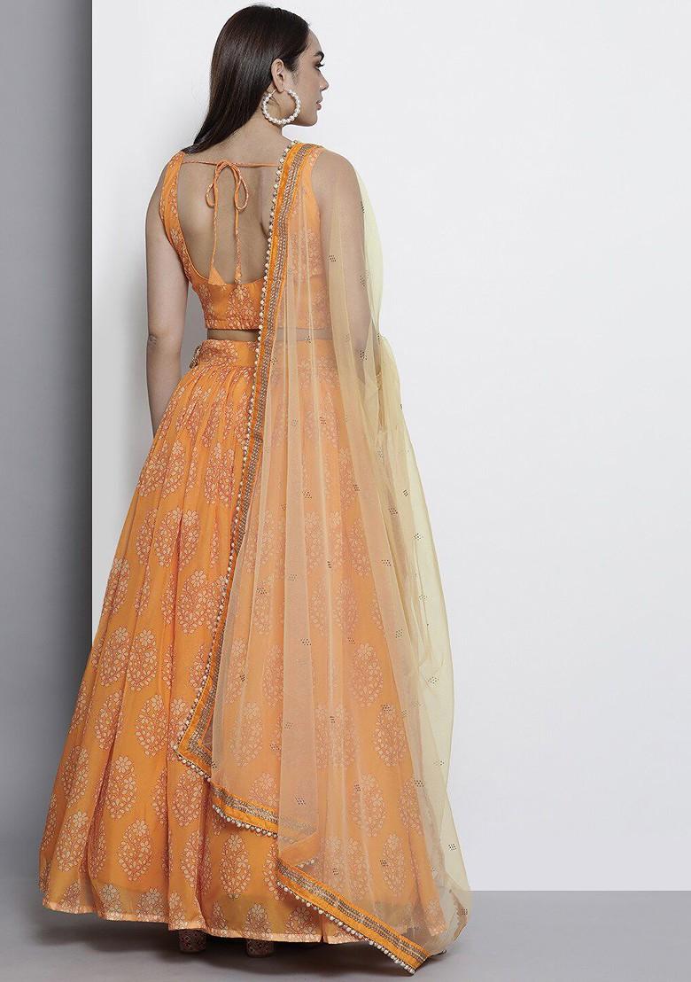 Yellow Printed Poly Blend Lehenga Set