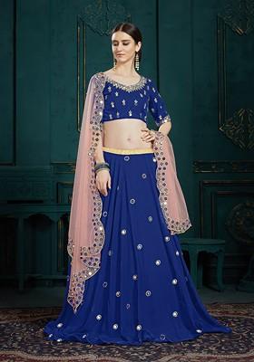 Blue Mirror Work Poly Blend Lehenga Set