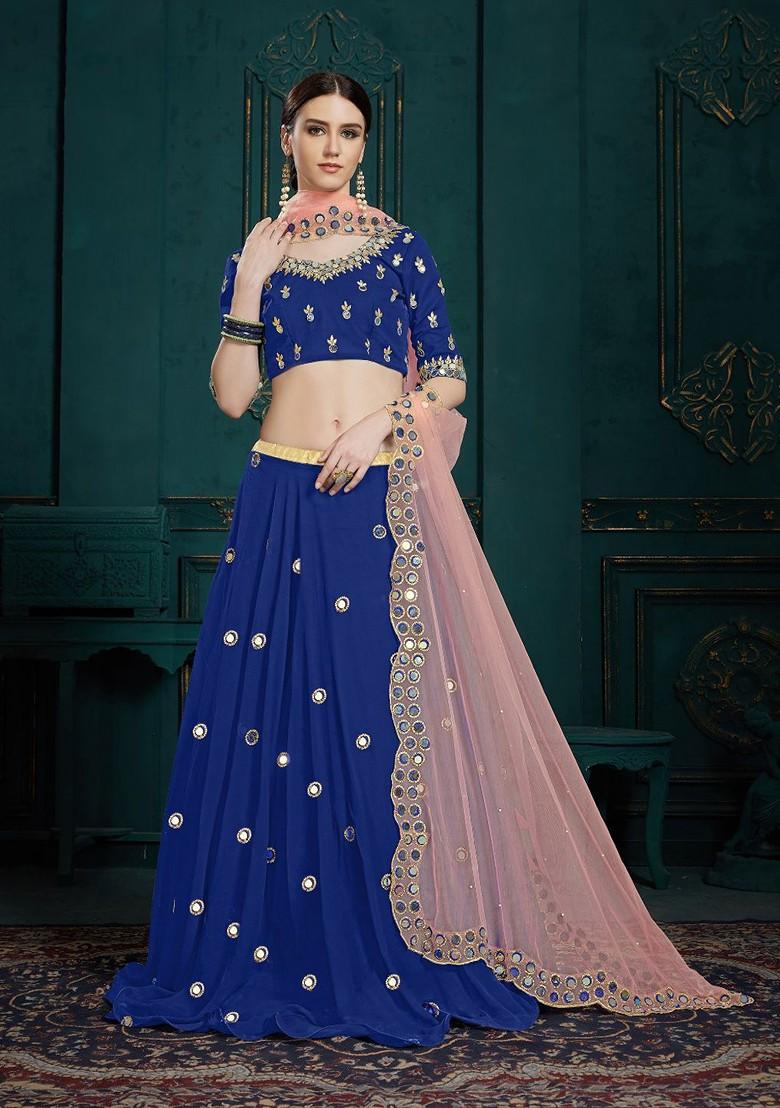 Blue Mirror Work Poly Blend Lehenga Set