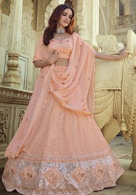 Peach Embroidered Poly Blend Lehenga Set