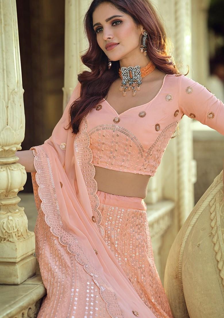 Peach Embroidered Poly Blend Lehenga Set