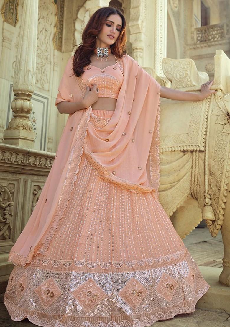 Peach Embroidered Poly Blend Lehenga Set